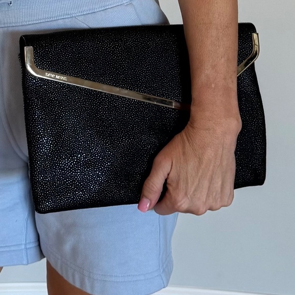 Henri Bendel Leather Clutch Black with Gold Trim and Chain - Picture 9 of 9